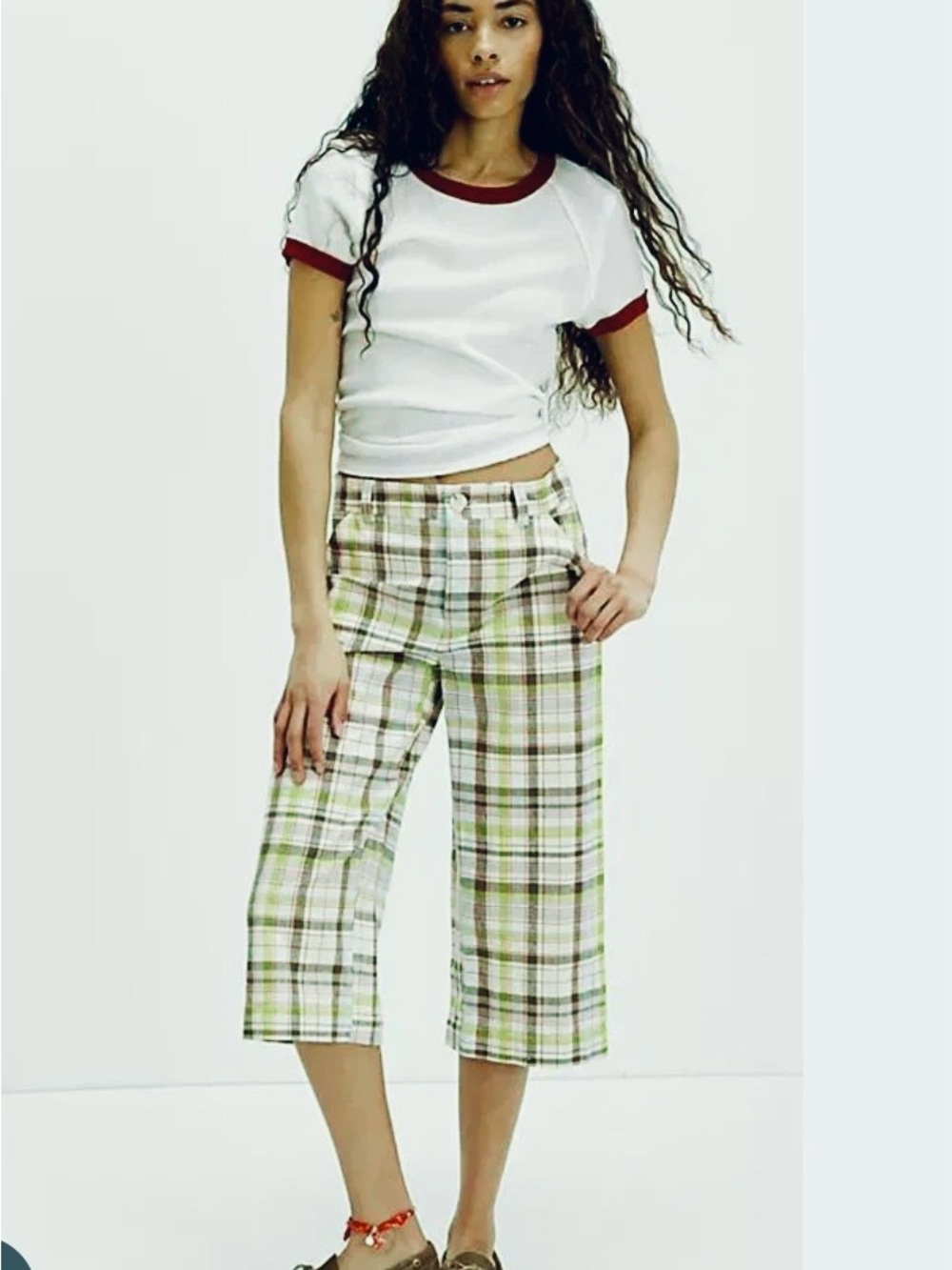 Free People Blue Plaid Cropped Linen Pants